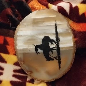 Handmade Trail End Native American  image on sliced Agate with Raw Edge